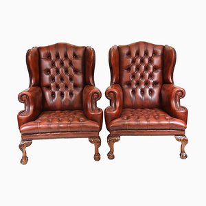 Leather Wing Back Deep Button Armchairs, 1920s, Set of 2
