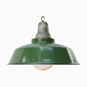 Lámpara colgante estadounidense industrial vintage de vidrio y esmalte verde