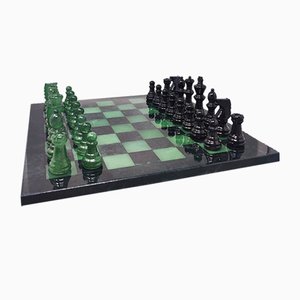 Italian Handmade Black and Green Chess Set in Volterra Alabaster from Christofle, 1970s, Set of 33