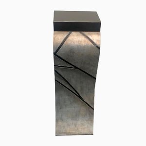 Patinated Silver Leaf Pedestal with Black Lacquered Engraved Lines