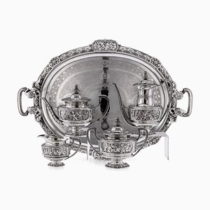 French Silver Tea Service on Tray from Odiot, Paris, 1860s, Set of 5