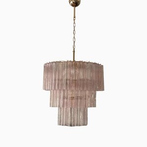 Large Chandelier in Pink Murano Glass with Gold Plated Lamp Base