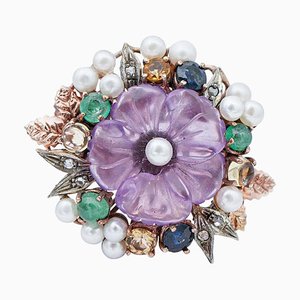 Hydrothermal Amethyst, Pearls, Emeralds, Sapphires, Diamonds, Gold & Silver Ring