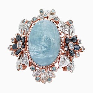 Aquamarin, Saphir Diamanten, 14 Karat Roségold & Silber Ring, 1960er