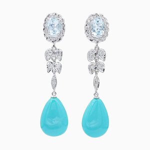 Turquoise, Aquamarine, Diamonds, Platinum Dangle Earrings, 1970s, Set of 2