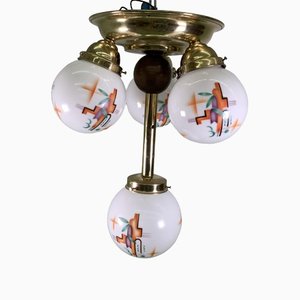 Lampada da soffitto Art Déco con 5 sfere in vetro opalino, 1939