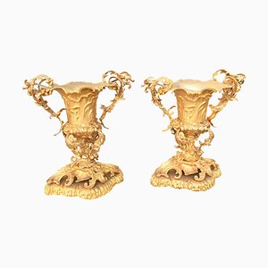 Urnas Rococó doradas Louis Rocaille francesas. Juego de 2