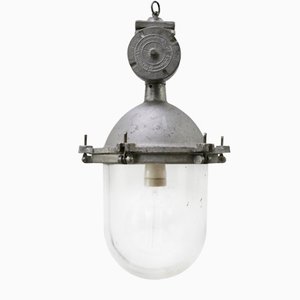 Lampade a sospensione vintage industriali in metallo argentato e vetro trasparente, anni '50