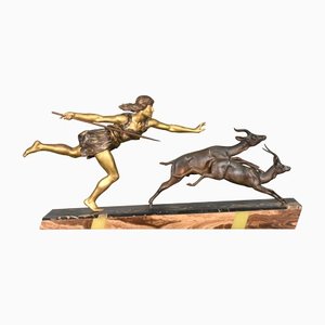 Emile Joseph Carlier, Art Deco Skulptur Diana the Jägerin, 1920er, Bronze & Bronze