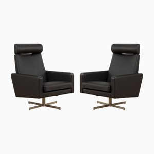 Mid-Century Danish Black Leather Recliner Lounge Chairs by Svend Skipper, 1980s, Set of 2