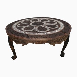 Antique Orient Wood Hand-Carved Indian Anglo Round Dining Table, 1890s