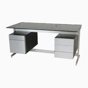 Large Double Pedestal Desk in Black Stained Wood with Stainless Steel Lining by Etienne Fermigier for JFR, France, 1970