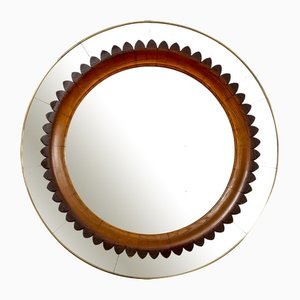 Circular Frame in Brass and Wood Wall Mirror for Marelli, 1950s