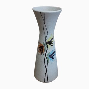 Schmale deutsche Vintage Vintage Vase aus weißer Keramik mit farbigem geometrischem Dekor, 1960er