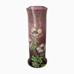 Französische Jugendstil Vase aus emailliertem Glas mit Blumen, 1890er
