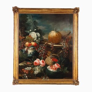 Emilianischer Schulkünstler, Stillleben mit Blumen, Obst und Flasche, 1700er, Öl auf Leinwand, Gerahmt