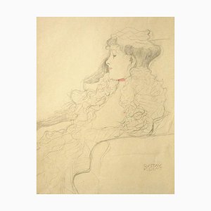 After G. Klimt, Lady with Scarf Portrait Sketch, Original Collotype, 1919