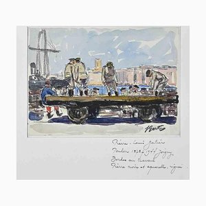 Pierre Gatier, Boucher au Travail, Original Charcoal & Watercolor, Mid-20th Century