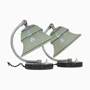 German Art Deco Enameled Satin Glass, Marble and Aluminum Table Lamps, 1930s, Set of 2