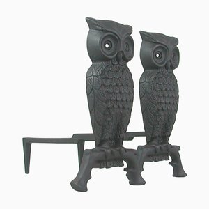 French Art Deco Cast Iron Sculptural Owl Fireplace Andirons, 1930s, Set of 2