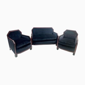 Mid-Century Art Deco Sofa und Sessel aus schwarzem Samt & rotem Schlangenleder, 1950er, 3er Set