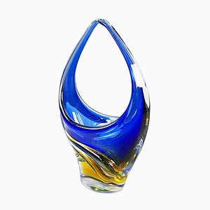 Escultura italiana moderna de cristal de Murano azul y amarillo, años 70