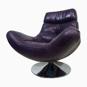 Purple Full Grain Leather Swivel Chair, 1970s