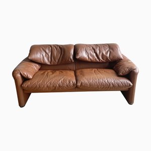 Vintage Brown Leather Maralunga 2-Seater Sofa by Vico Magistretti