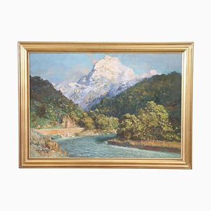 Cesare Bentivoglio, paisaje de montaña con río, años 30, óleo sobre lienzo, enmarcado
