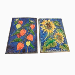 Glazed Ceramic Wall Panels with Flowers by Werner Meschede for Karlsruher Majolika, 1960s, Set of 2
