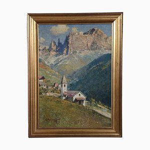 Cesare Bentivoglio, paisaje de montaña con iglesia, años 30, óleo sobre lienzo, enmarcado