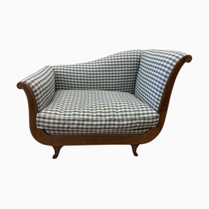Meridienne Charles X Mahogany & Blue Checked Lounge Chair, 1800s