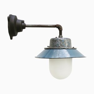 Vintage Industrial Blue Enamel Frosted Glass Scone Wall Light