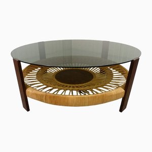 Coffee Table with Smoked Glass and Rattan, 1960s
