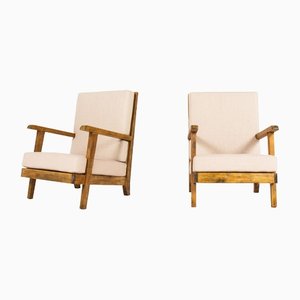 French Chairs in Oak and Beige Linen, 1950, Set of 2