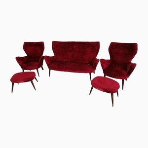 Mid-Century Sofa and Armchairs in Red Velvet, Set of 5