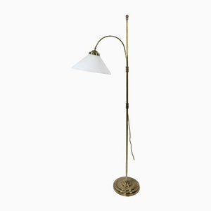 German Height-Adjustable Floor Lamp in Brass with Glass Shade, 1950s