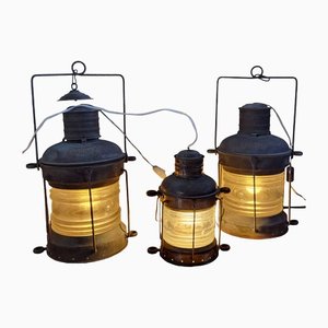 Antique Brass Oil-Burning Ship Lanterns by Anchor, Set of 3