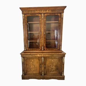 Antique Victorian Burr Walnut Marquetry Inlaid Ormolu Mounted Bookcase Cabinet, 1860s