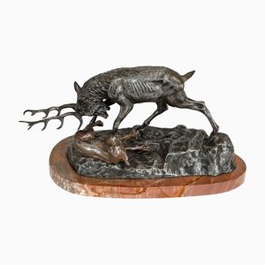 Thomas François Cartier, Stag Attacking a Dog, 1900s, Bronce