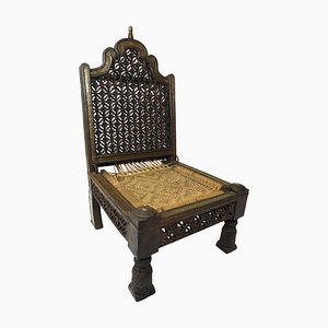 Vintage Indian Traditional Rajistan Tribal Hand-Carved Teak Pida Low Chair, 1920s