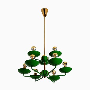 Chandelier in Brass and Green Meta in the style of Stilnovo, Italy, 1960s