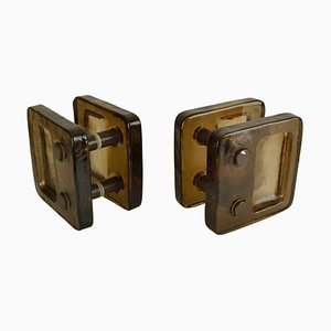 Large Square Glass Caramel Brown Push Pull Double Door Handles, 1970s, Set of 2