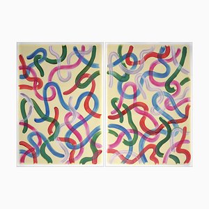 Natalia Roman, Diptyque Vivid Gestures sur Vanille avec Coups de Pinceau en Rouge, Rose et Vert, 2022, Acrylique sur Papier Aquarelle