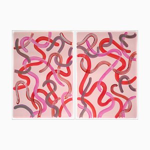 Dittico con curve rosse di Natalia Roman, 2022, acrilico su carta da acquerello