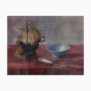 A. Séchaud, Piccola barca a vela decorativa, 1945, Acquarello su carta