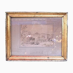 Léon Soulié, Landschaft mit Figuren, 1800er, Tusche auf Papier, Gerahmt