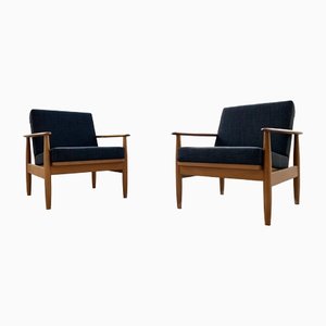 Beech and Anthracite-Colored Linen Armchairs in the Style of Grete Jalk, 1960s, Set of 2
