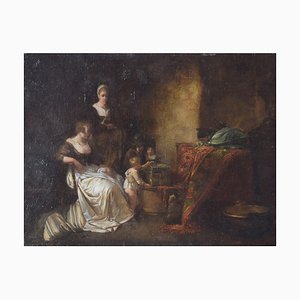 Häusliche Szene, 1700er, Öl auf Holz
