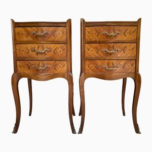 Comodini in legno di noce con intarsi floreali e bronzo, anni '40, set di 2